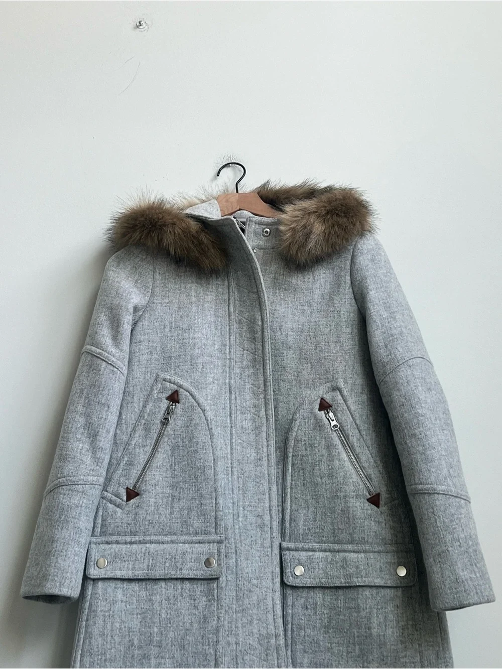 J.Crew Wool Nello Gorri Chateau Faux Fur Hood Parka Coat Sz 2 Quiet Luxury Gray - Picture 6 of 16